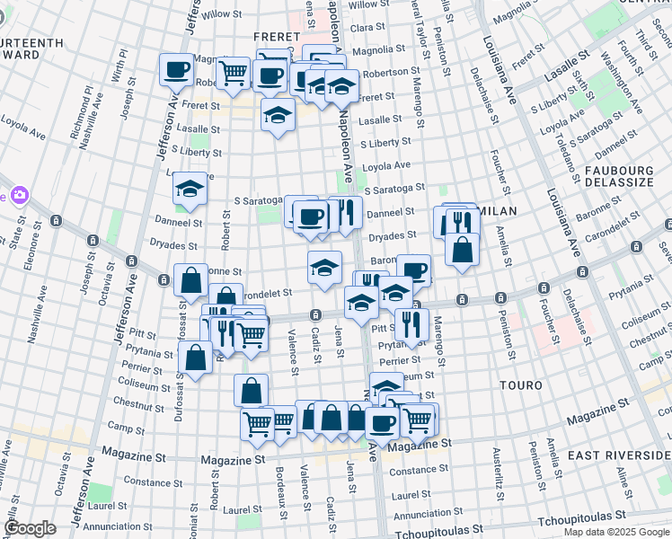 map of restaurants, bars, coffee shops, grocery stores, and more near 4440 Baronne Street in New Orleans