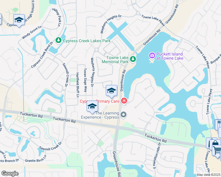 map of restaurants, bars, coffee shops, grocery stores, and more near 19407 Timpson Reservoir Drive in Cypress