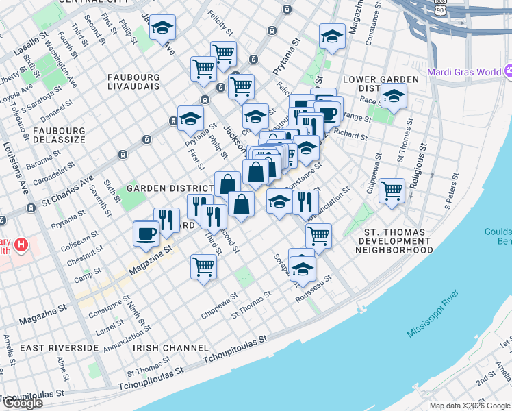 map of restaurants, bars, coffee shops, grocery stores, and more near 2331 Constance Street in New Orleans