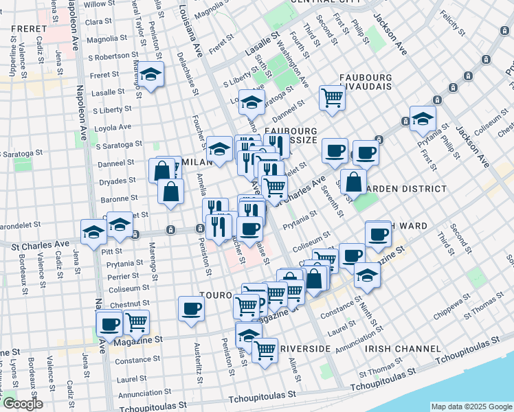 map of restaurants, bars, coffee shops, grocery stores, and more near 3400 Saint Charles Avenue in New Orleans