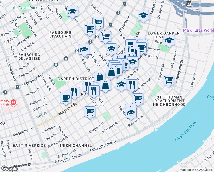 map of restaurants, bars, coffee shops, grocery stores, and more near 2331 Constance Street in New Orleans
