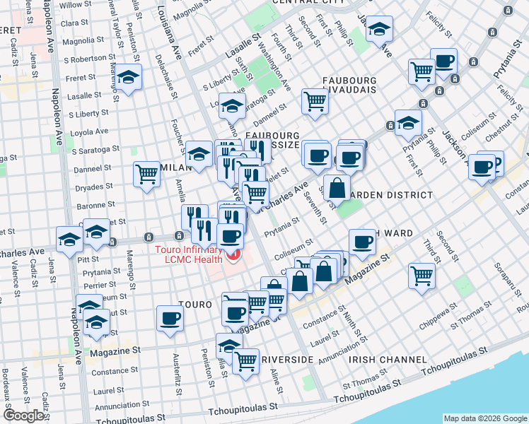 map of restaurants, bars, coffee shops, grocery stores, and more near 3300 Saint Charles Avenue in New Orleans