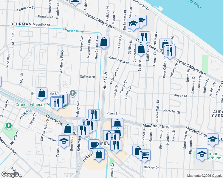 map of restaurants, bars, coffee shops, grocery stores, and more near 2546 Saint Nick Drive in New Orleans
