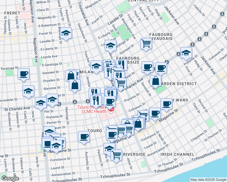 map of restaurants, bars, coffee shops, grocery stores, and more near 3400 Saint Charles Avenue in New Orleans