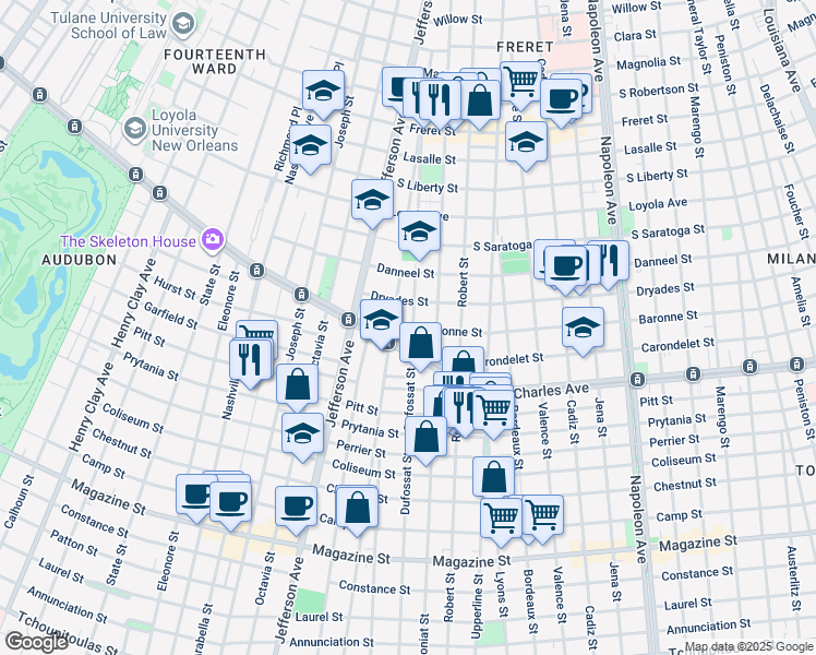 map of restaurants, bars, coffee shops, grocery stores, and more near 5211 Saint Charles Avenue in New Orleans