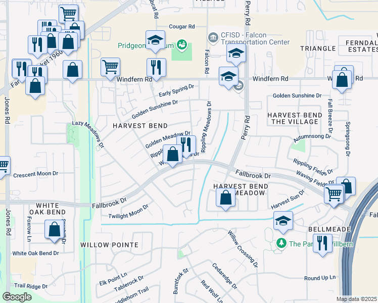map of restaurants, bars, coffee shops, grocery stores, and more near 9911 Waving Fields Drive in Houston