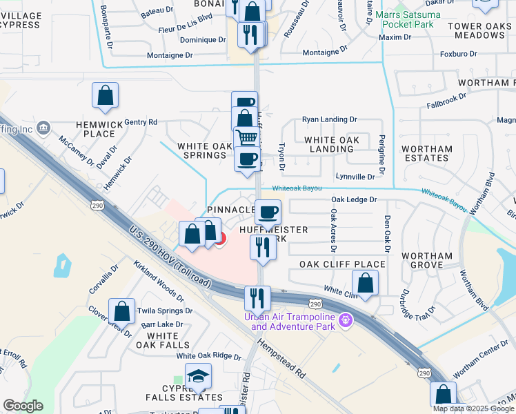 map of restaurants, bars, coffee shops, grocery stores, and more near 10502 Huffmeister Road in Houston