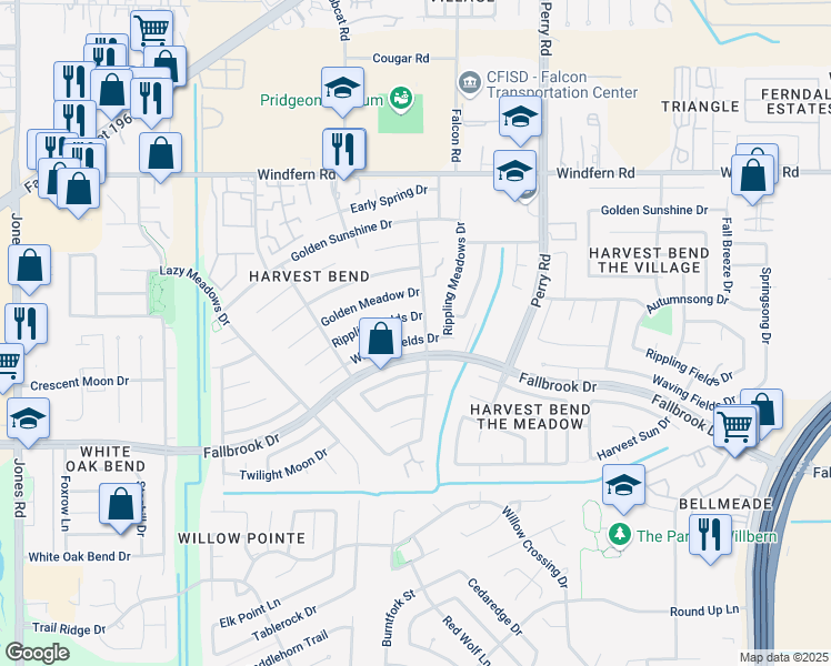 map of restaurants, bars, coffee shops, grocery stores, and more near 9911 Waving Fields Drive in Houston