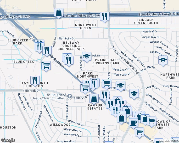 map of restaurants, bars, coffee shops, grocery stores, and more near 7703 Seton Lake Drive in Houston