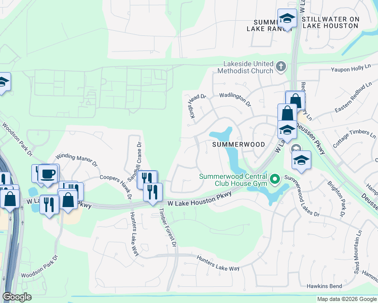 map of restaurants, bars, coffee shops, grocery stores, and more near 14415 Chartley Falls Drive in Houston
