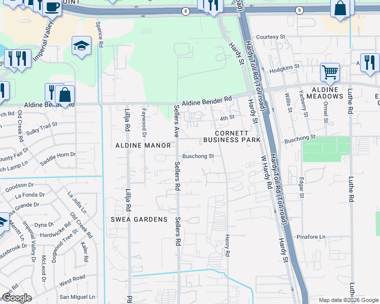 map of restaurants, bars, coffee shops, grocery stores, and more near 602 Buschong Street in Houston