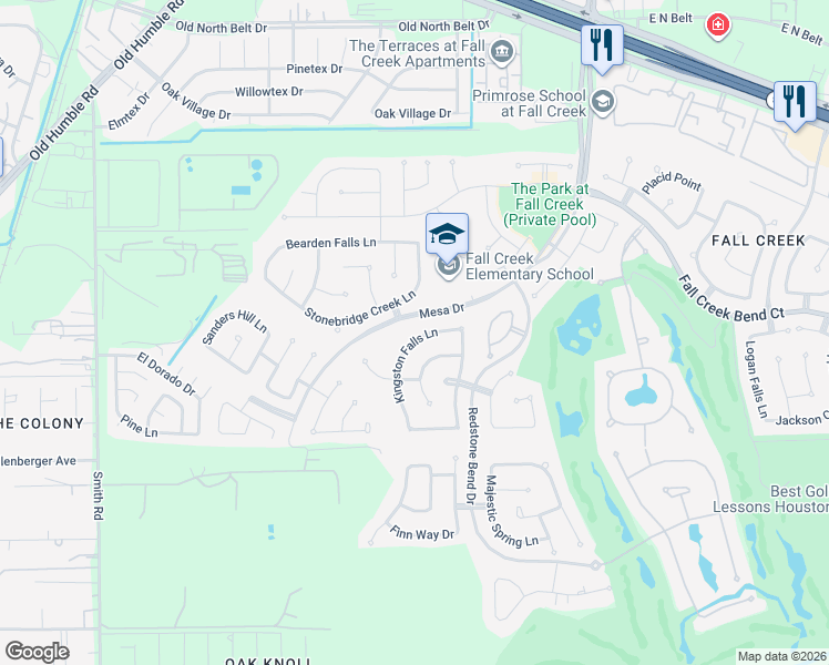 map of restaurants, bars, coffee shops, grocery stores, and more near 14319 Kingston Falls Lane in Humble