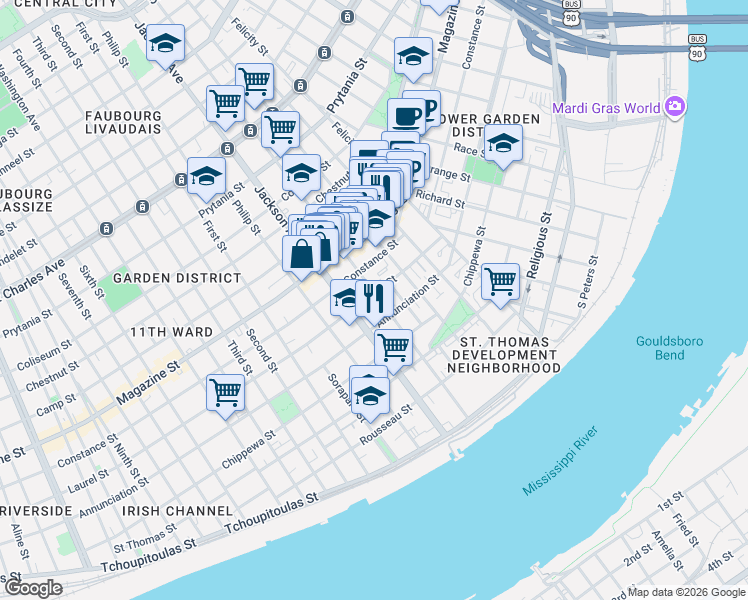 map of restaurants, bars, coffee shops, grocery stores, and more near 837 Jackson Avenue in New Orleans