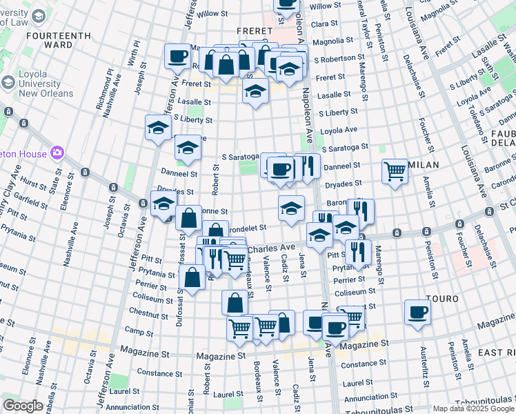 map of restaurants, bars, coffee shops, grocery stores, and more near 1737 Bordeaux Street in New Orleans