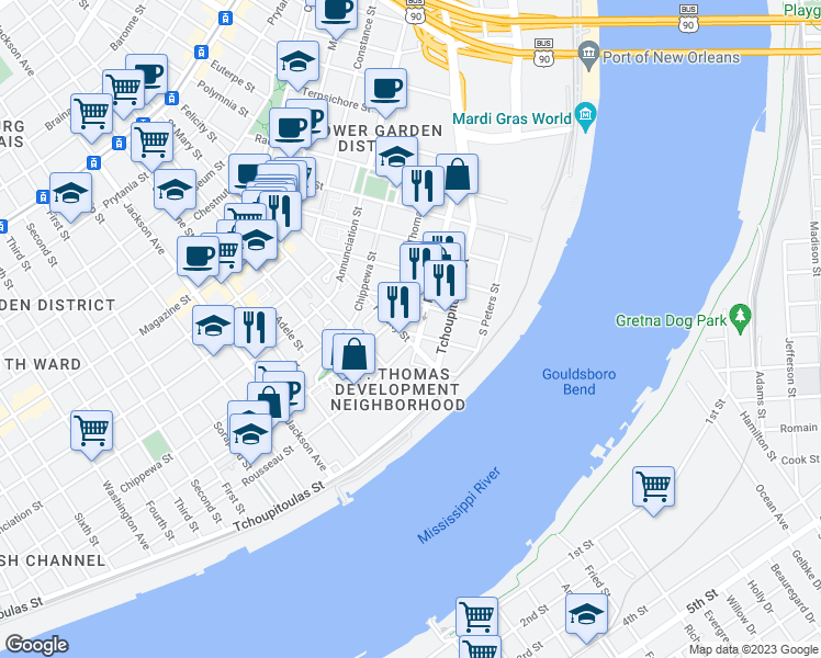 map of restaurants, bars, coffee shops, grocery stores, and more near 1811 Rousseau Street in New Orleans
