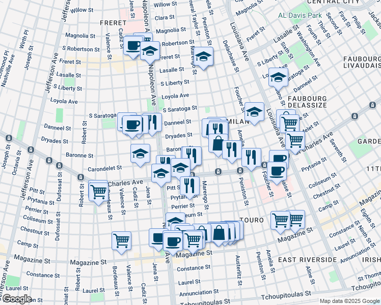 map of restaurants, bars, coffee shops, grocery stores, and more near 4113 Carondelet Street in New Orleans