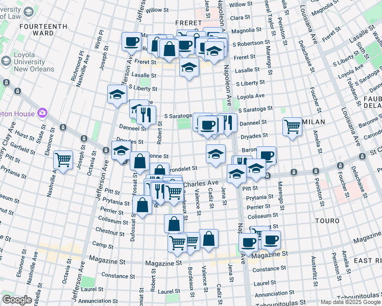 map of restaurants, bars, coffee shops, grocery stores, and more near 1737 Bordeaux Street in New Orleans