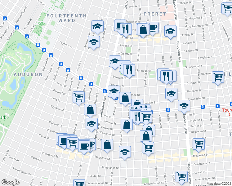 map of restaurants, bars, coffee shops, grocery stores, and more near 5211 Saint Charles Avenue in New Orleans