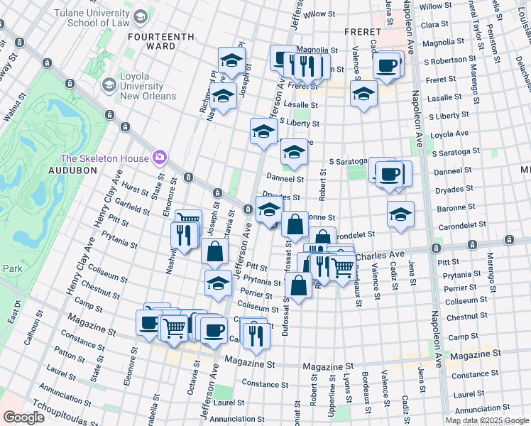 map of restaurants, bars, coffee shops, grocery stores, and more near 5362 Saint Charles Avenue in New Orleans
