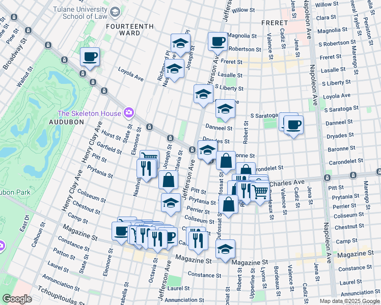 map of restaurants, bars, coffee shops, grocery stores, and more near 1535 Octavia Street in New Orleans