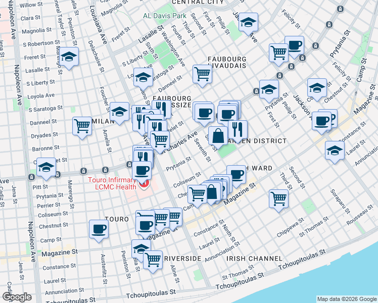 map of restaurants, bars, coffee shops, grocery stores, and more near 3125 Prytania Street in New Orleans