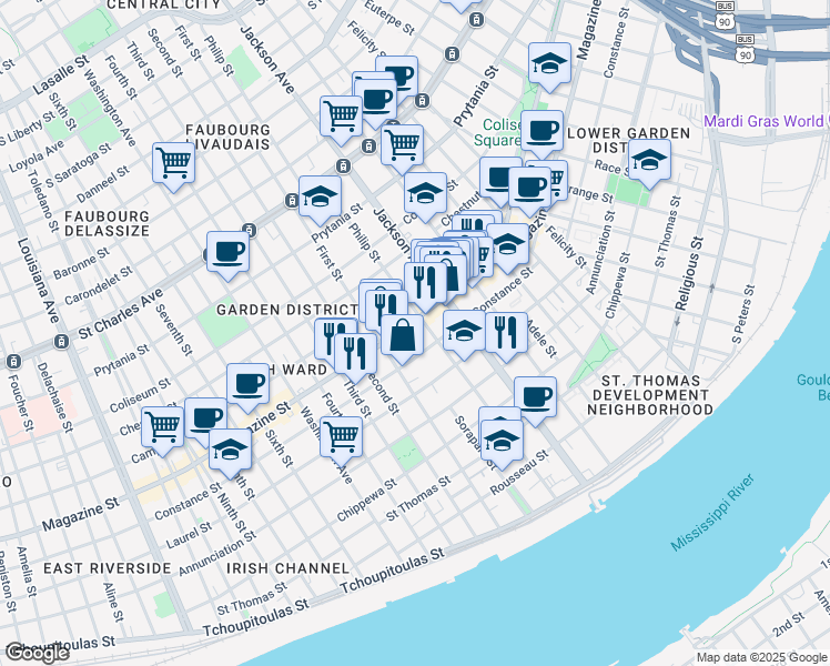 map of restaurants, bars, coffee shops, grocery stores, and more near 2320 Magazine Street in New Orleans