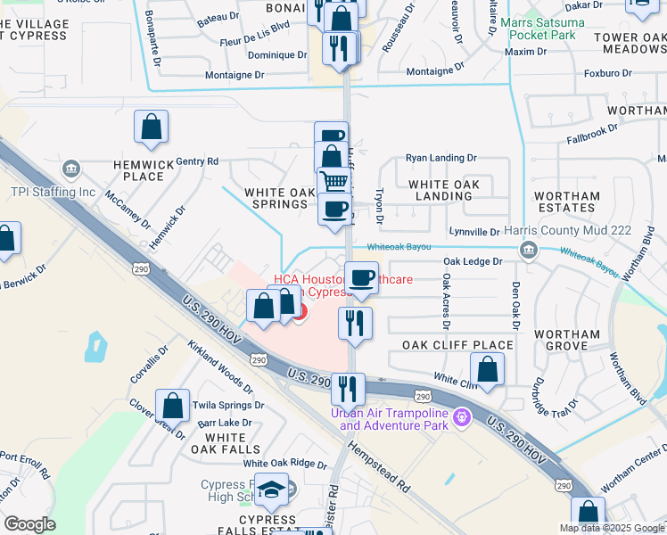 map of restaurants, bars, coffee shops, grocery stores, and more near 10451 Huffmeister Road in Houston