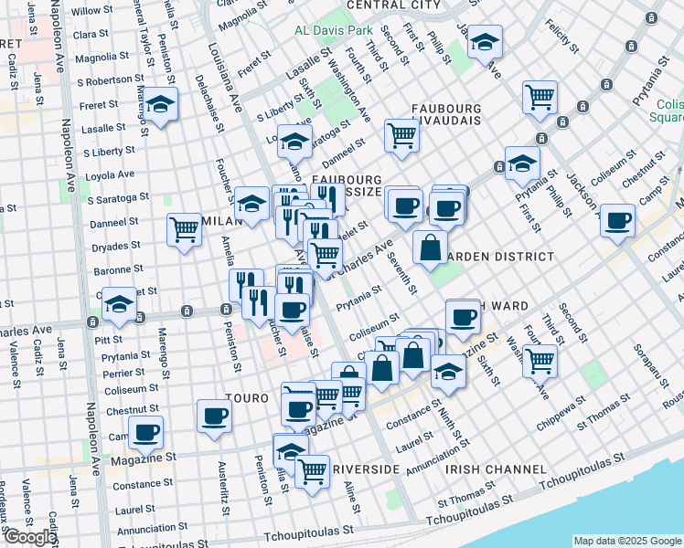 map of restaurants, bars, coffee shops, grocery stores, and more near 1524 Toledano Street in New Orleans