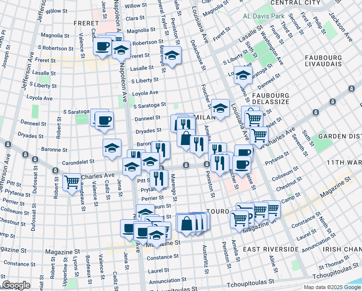 map of restaurants, bars, coffee shops, grocery stores, and more near 3923 Carondelet Street in New Orleans