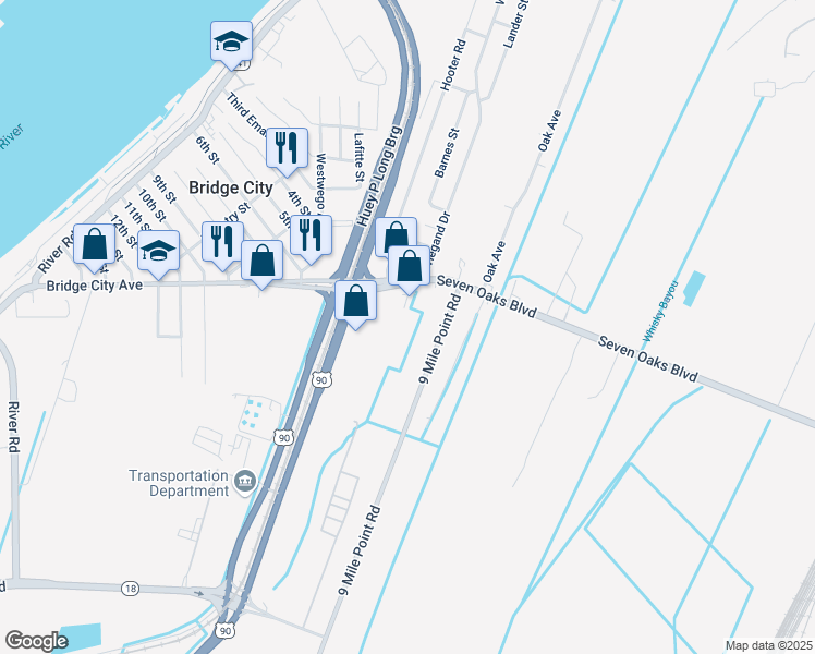 map of restaurants, bars, coffee shops, grocery stores, and more near 1437 Utah Beach Drive in Bridge City