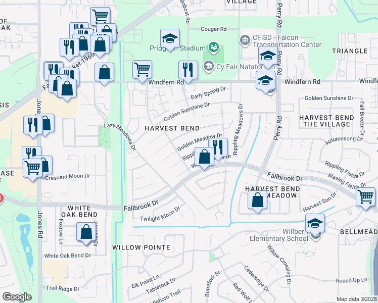 map of restaurants, bars, coffee shops, grocery stores, and more near 10214 Rippling Fields Drive in Houston