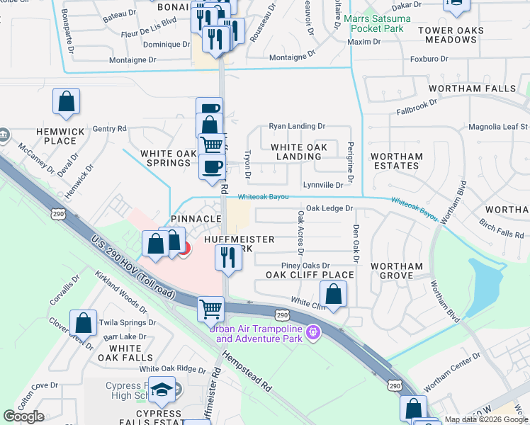 map of restaurants, bars, coffee shops, grocery stores, and more near 13618 Splintered Oak Drive in Houston