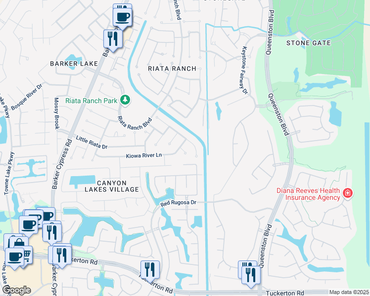 map of restaurants, bars, coffee shops, grocery stores, and more near 10406 Comanche Springs Court in Houston
