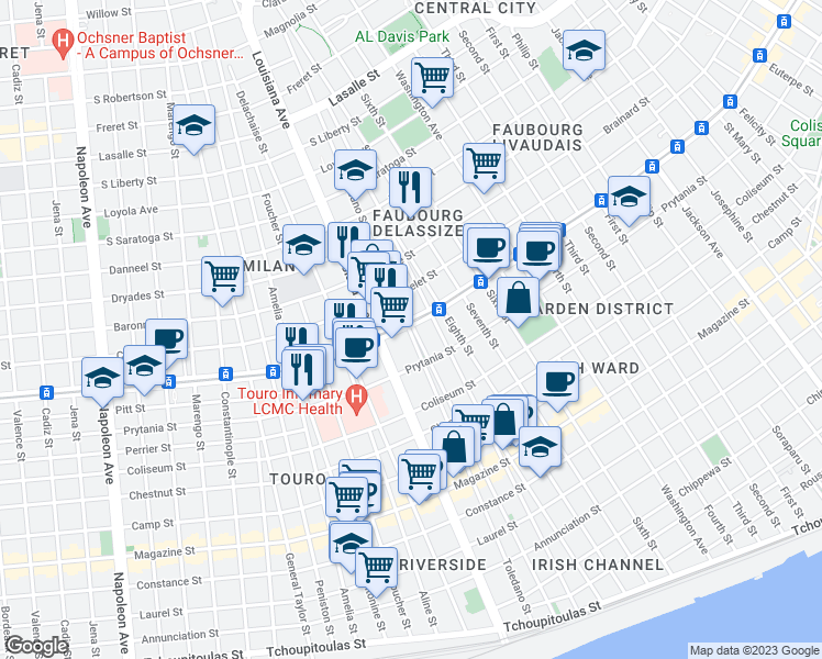 map of restaurants, bars, coffee shops, grocery stores, and more near 3300 Saint Charles Avenue in New Orleans