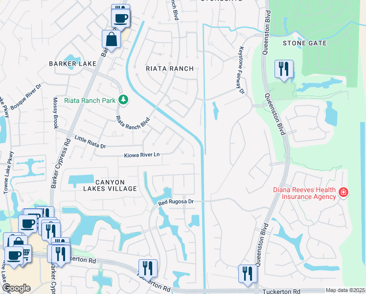 map of restaurants, bars, coffee shops, grocery stores, and more near 10406 Comanche Springs Court in Houston