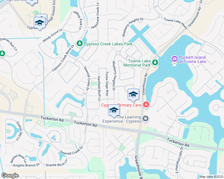 map of restaurants, bars, coffee shops, grocery stores, and more near 10315 Mayberry Heights Drive in Cypress