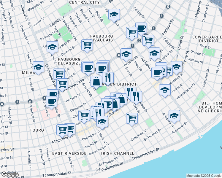 map of restaurants, bars, coffee shops, grocery stores, and more near 1308 Washington Avenue in New Orleans
