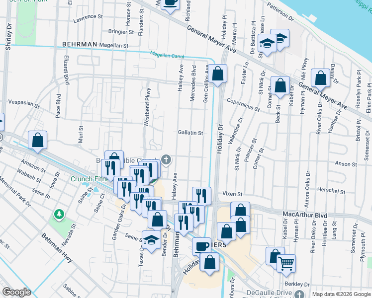map of restaurants, bars, coffee shops, grocery stores, and more near 2601 Mercedes Boulevard in New Orleans