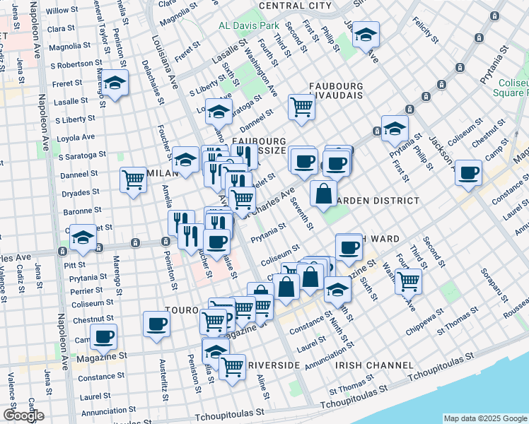 map of restaurants, bars, coffee shops, grocery stores, and more near 1524 Toledano Street in New Orleans