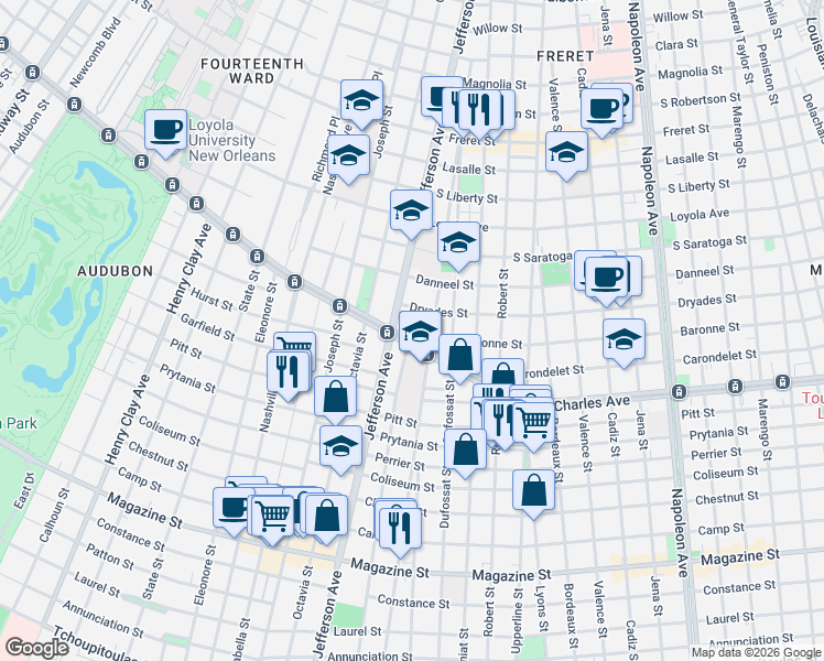 map of restaurants, bars, coffee shops, grocery stores, and more near 5362 Saint Charles Avenue in New Orleans