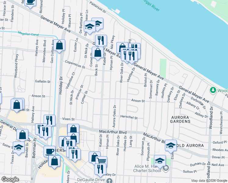 map of restaurants, bars, coffee shops, grocery stores, and more near 461 Aurora Oaks Drive in New Orleans