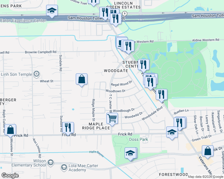 map of restaurants, bars, coffee shops, grocery stores, and more near 13411 Mystic Wood Drive in Houston
