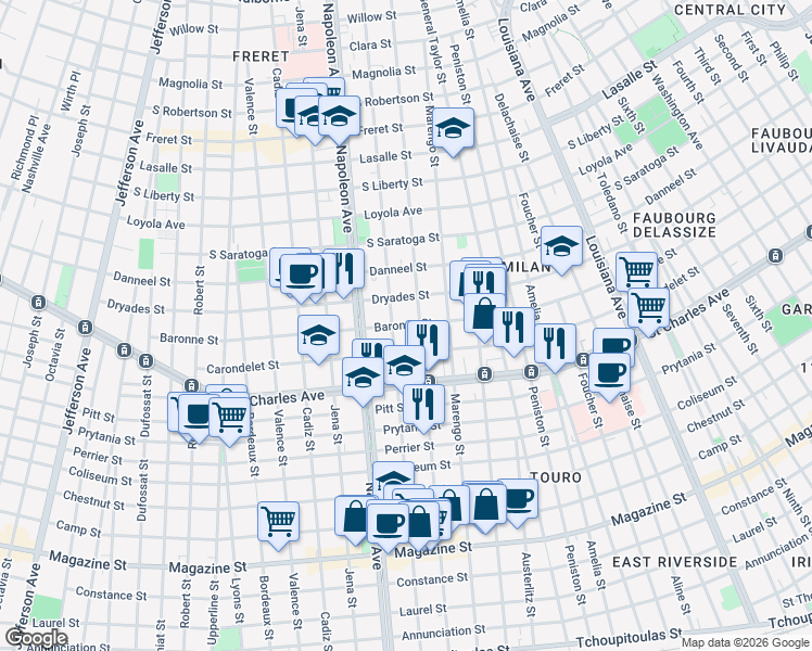 map of restaurants, bars, coffee shops, grocery stores, and more near 4223 Carondelet Street in New Orleans