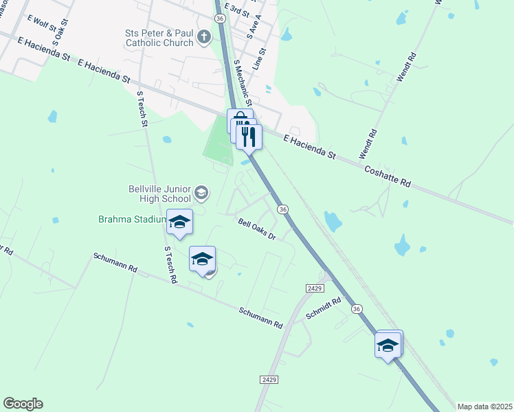 map of restaurants, bars, coffee shops, grocery stores, and more near 881 High Oaks Drive in Bellville