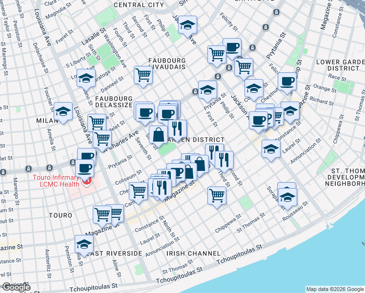 map of restaurants, bars, coffee shops, grocery stores, and more near 2720 Coliseum Street in New Orleans