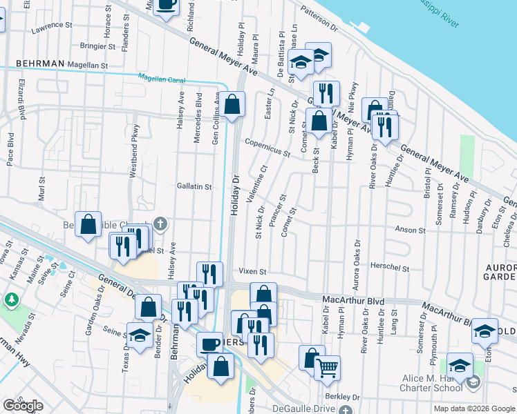 map of restaurants, bars, coffee shops, grocery stores, and more near 2546 Saint Nick Drive in New Orleans