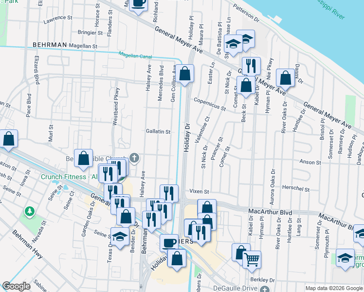 map of restaurants, bars, coffee shops, grocery stores, and more near 2576 Holiday Drive in New Orleans