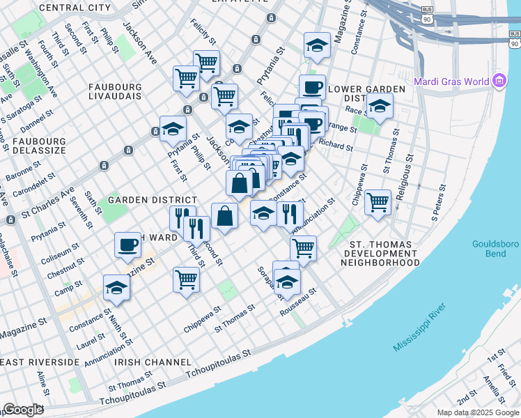 map of restaurants, bars, coffee shops, grocery stores, and more near 923 Philip Street in New Orleans