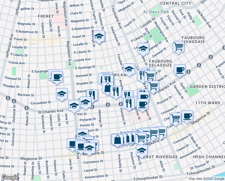 map of restaurants, bars, coffee shops, grocery stores, and more near 1636 Peniston Street in New Orleans