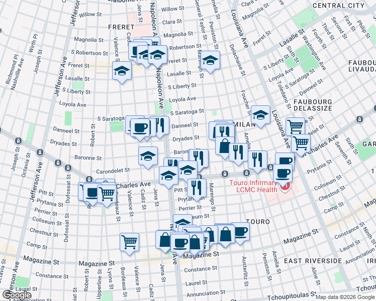 map of restaurants, bars, coffee shops, grocery stores, and more near 4223 Carondelet Street in New Orleans